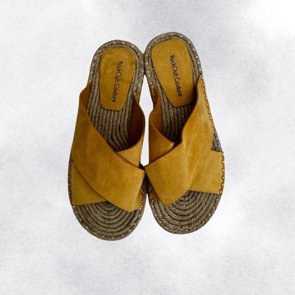 RockClub Couture Women's Mustard Yellow Suede Strap Espadrille Slides Size 9 - Picture 5 of 8